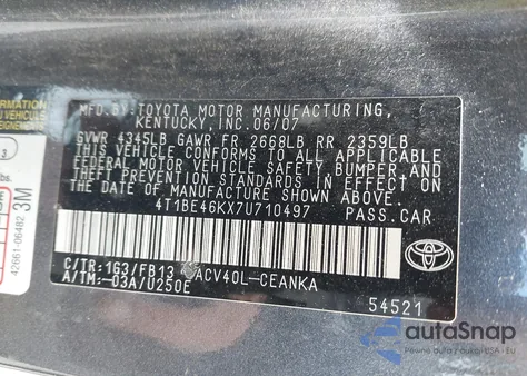 2007 Toyota Camry Le z USA, uszkodzony, nr VIN 4T1BE46KX7U710497